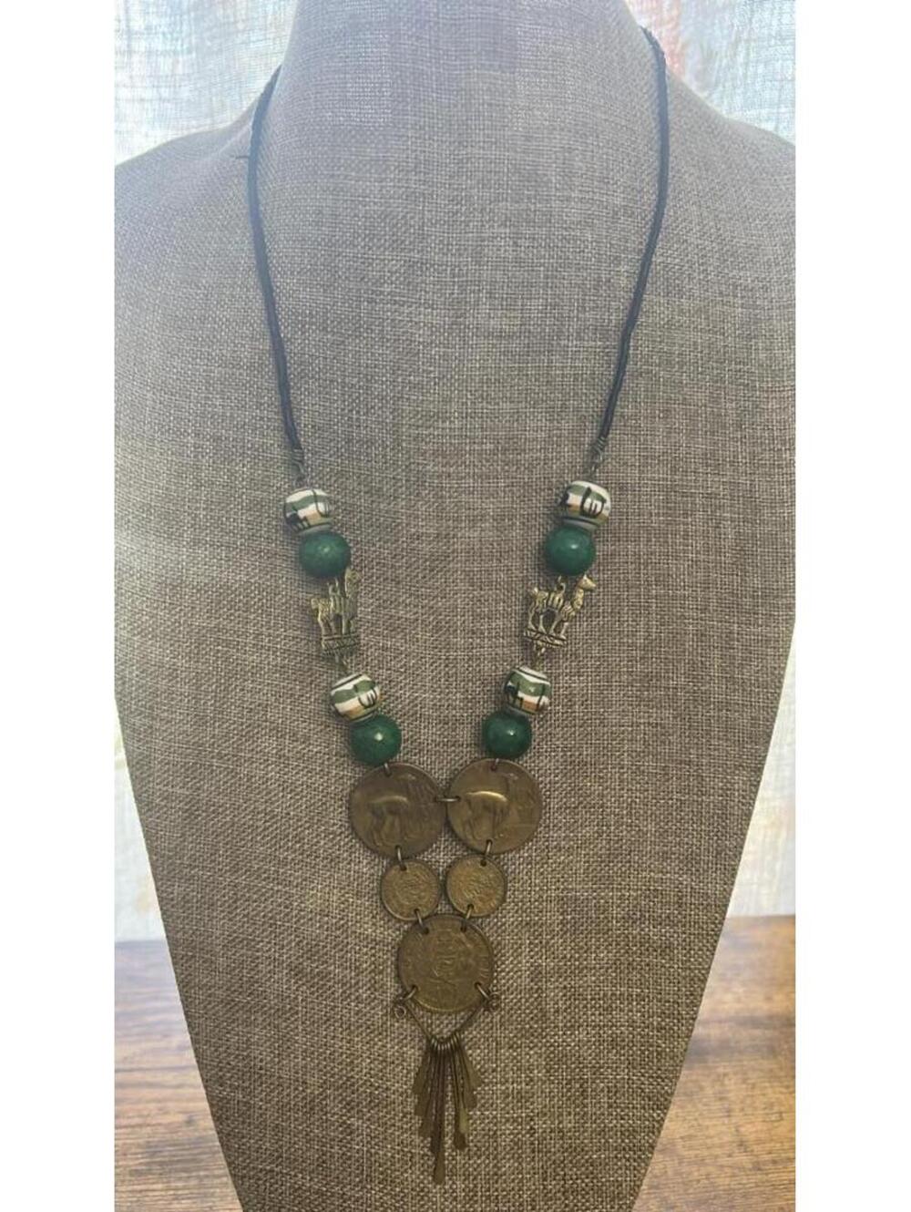 Vintage Boho Statement Necklace with Green Beads and Peruvian Coins Drop Pendant